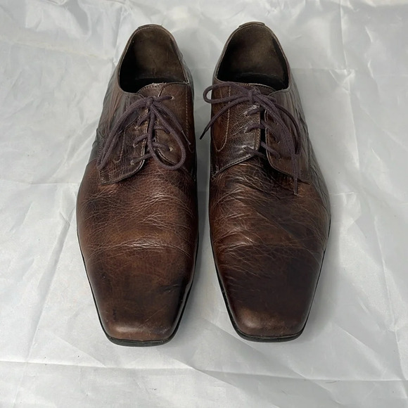 LUKETTI Mens Squared Pointed Toe Grain Leather Oxford Shoes Lace Up Brown 44 - Picture 5 of 14